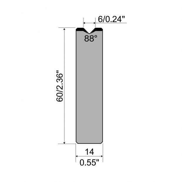 1-V Matrijs Centrisch R1 Eurostyle type met hoogte=60mm, α=88°, Radius=0,8mm, Gereedschapsstaal=C45, Max. ca