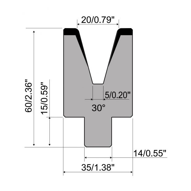 1-V Matrijs Centrisch R1 Eurostyle type met hoogte=60mm, α=30°, Radius=2,5mm, Gereedschapsstaal=C45, Max. ca