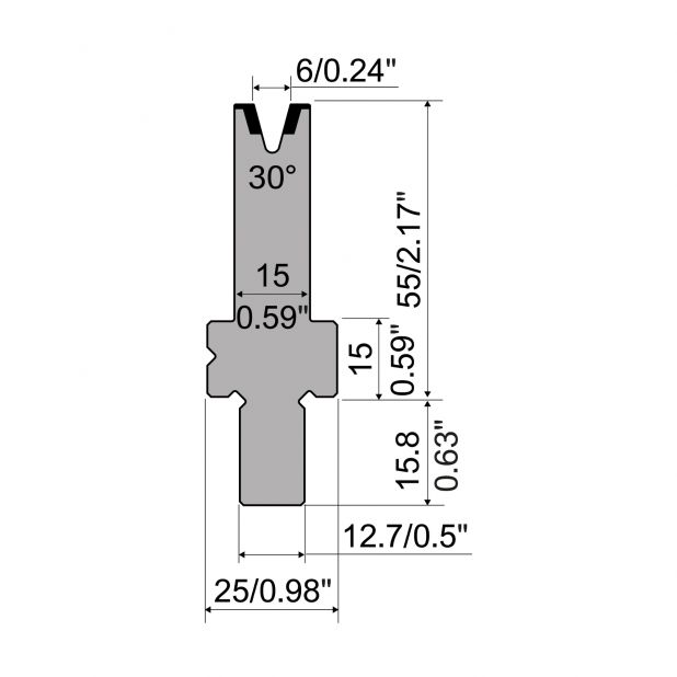 Matrijs R5 American type met hoogte=55mm, α=30°, Radius=0,6mm, Gereedschapsstaal=42cr, Max. capaciteit=350kN