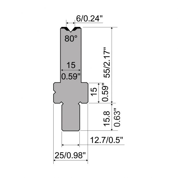Matrijs R5 American type met hoogte=55mm, α=80°, Radius=0,4mm, Gereedschapsstaal=42cr, Max. capaciteit=1150k