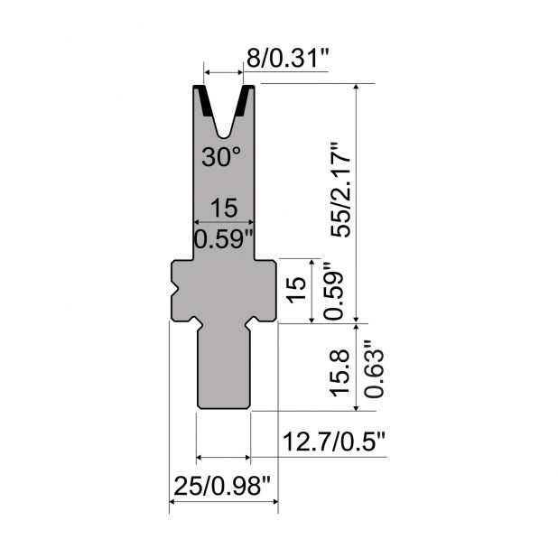 Matrijs R5 American type met hoogte=55mm, α=30°, Radius=0,8mm, Gereedschapsstaal=42cr, Max. capaciteit=200kN