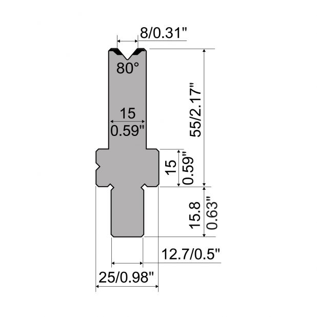 Matrijs R5 American type met hoogte=55mm, α=80°, Radius=0,5mm, Gereedschapsstaal=42cr, Max. capaciteit=1100k