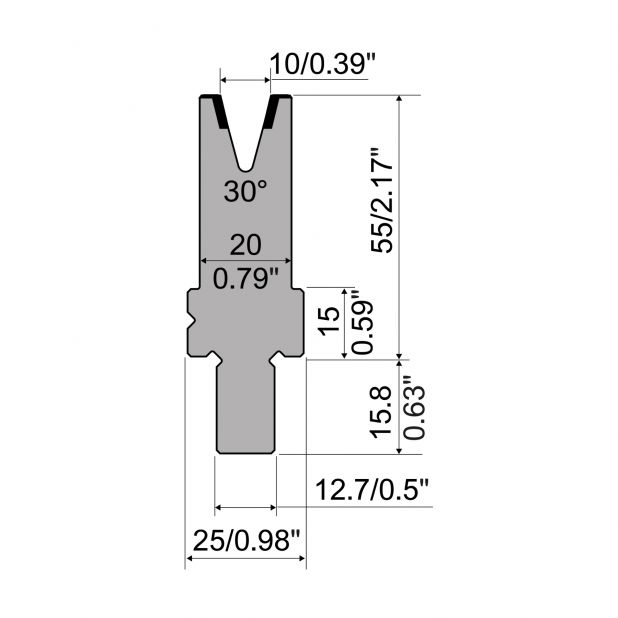 Matrijs R5 American type met hoogte=55mm, α=30°, Radius=1mm, Gereedschapsstaal=42cr, Max. capaciteit=350kN/m