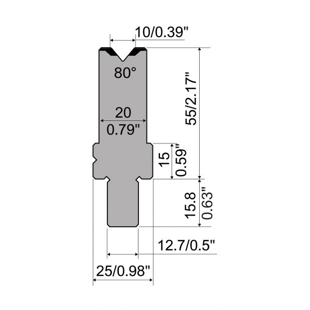 Matrijs R5 American type met hoogte=55mm, α=80°, Radius=1mm, Gereedschapsstaal=42cr, Max. capaciteit=1100kN/