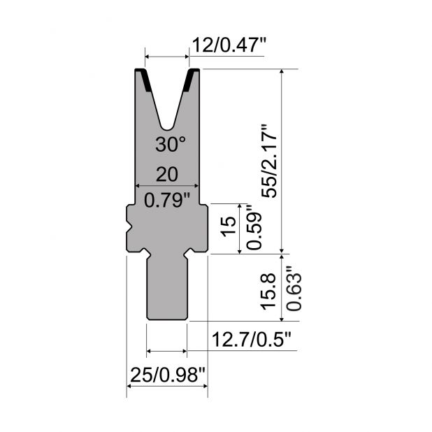 Matrijs R5 American type met hoogte=55mm, α=30°, Radius=1,5mm, Gereedschapsstaal=42cr, Max. capaciteit=300kN