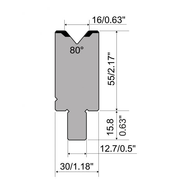 Matrijs R5 American type met hoogte=55mm, α=80°, Radius=2mm, Gereedschapsstaal=42cr, Max. capaciteit=1200kN/