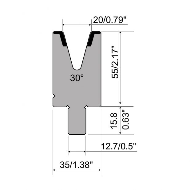 Matrijs R5 American type met hoogte=55mm, α=30°, Radius=2,5mm, Gereedschapsstaal=42cr, Max. capaciteit=500kN