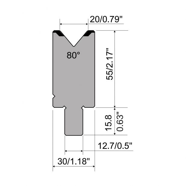 Matrijs R5 American type met hoogte=55mm, α=80°, Radius=2mm, Gereedschapsstaal=42cr, Max. capaciteit=1200kN/