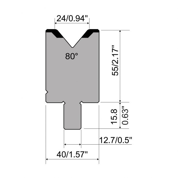 Matrijs R5 American type met hoogte=55mm, α=80°, Radius=3mm, Gereedschapsstaal=42cr, Max. capaciteit=1200kN/