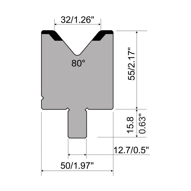 Matrijs R5 American type met hoogte=55mm, α=80°, Radius=4mm, Gereedschapsstaal=42cr, Max. capaciteit=1200kN/