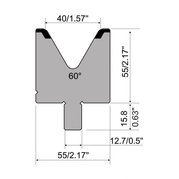 Matrijs R5 American type met hoogte=55mm, α=60°, Radius=5mm, Gereedschapsstaal=42cr, Max. capaciteit=1300kN/