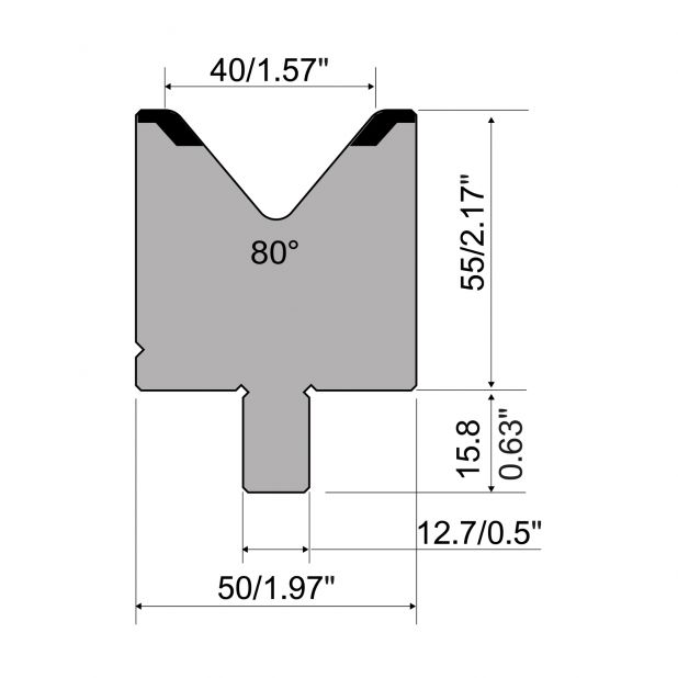 Matrijs R5 American type met hoogte=55mm, α=80°, Radius=4mm, Gereedschapsstaal=42cr, Max. capaciteit=1200kN/