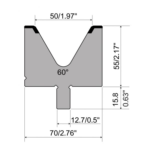 Matrijs R5 American type met hoogte=55mm, α=60°, Radius=5mm, Gereedschapsstaal=42cr, Max. capaciteit=1300kN/