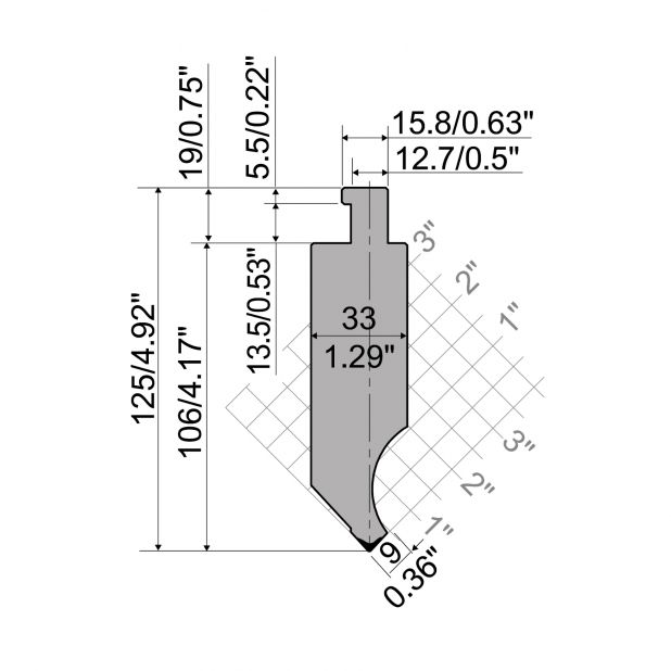 Bovengereedschap R5 CLASSIC American type met werkhoogte=106mm, α=85°, Radius=0,4mm, Gereedschapsstaal=42Cr,