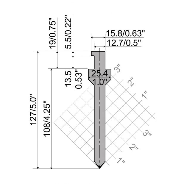 Bovengereedschap R5 CLASSIC American type met werkhoogte=108mm, α=75°, Radius=0,8mm, Gereedschapsstaal=42Cr,