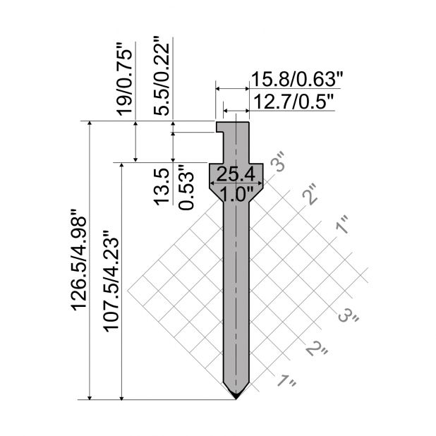 Bovengereedschap R5 CLASSIC American type met werkhoogte=107,5mm, α=75°, Radius=1,6mm, Gereedschapsstaal=42C