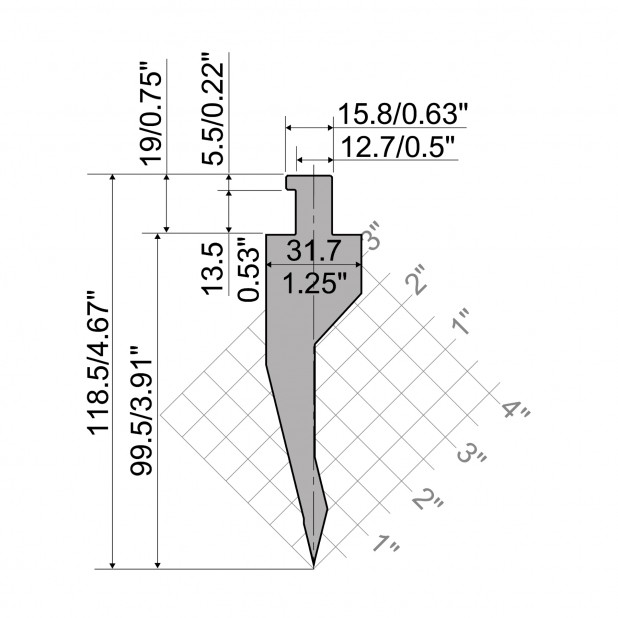 Bovengereedschap R5 CLASSIC American type met werkhoogte=99,5mm, α=28°, Radius=3,2mm, Gereedschapsstaal=42Cr