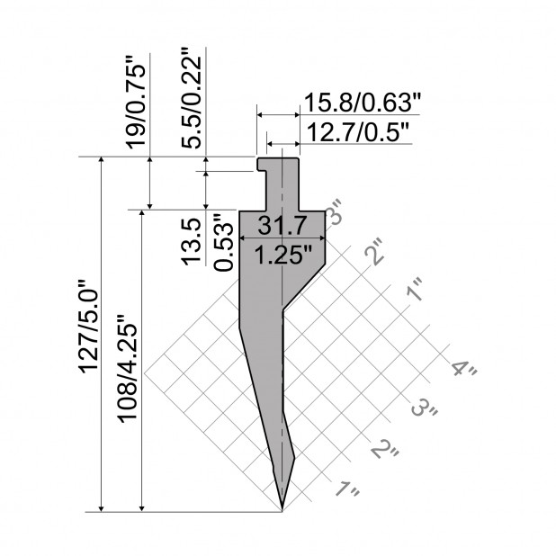 Bovengereedschap R5 CLASSIC American type met werkhoogte=108mm, α=28°, Radius=0,8mm, Gereedschapsstaal=42Cr,