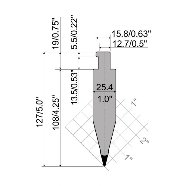 Bovengereedschap R5 CLASSIC American type met werkhoogte=108mm, α=28°, Radius=0,8mm, Gereedschapsstaal=42Cr,