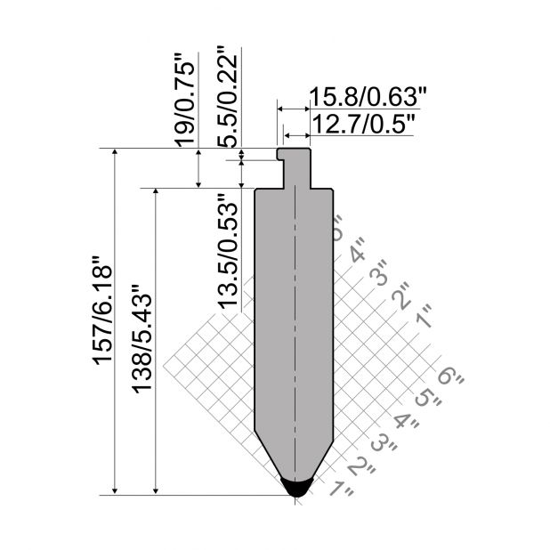 Bovengereedschap R5 TOP American type met werkhoogte=145mm, α=85°, Radius=0,8mm, Gereedschapsstaal=42Cr, Max