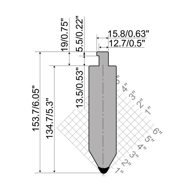 Bovengereedschap R5 TOP American type met werkhoogte=145mm, α=85°, Radius=0,8mm, Gereedschapsstaal=42Cr, Max