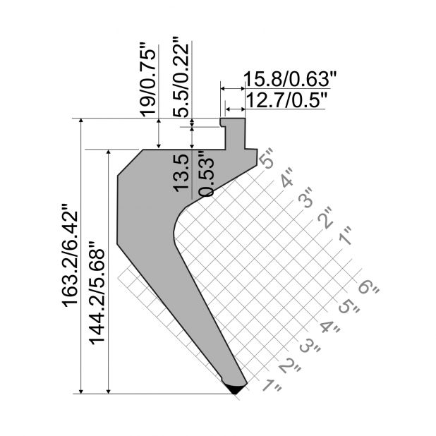 Bovengereedschap R5 TOP American type met werkhoogte=145mm, α=85°, Radius=0,8mm, Gereedschapsstaal=42Cr, Max