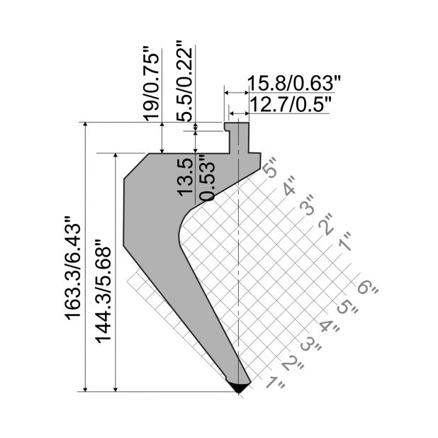 Bovengereedschap R5 TOP American type met werkhoogte=145mm, α=85°, Radius=0,8mm, Gereedschapsstaal=42Cr, Max