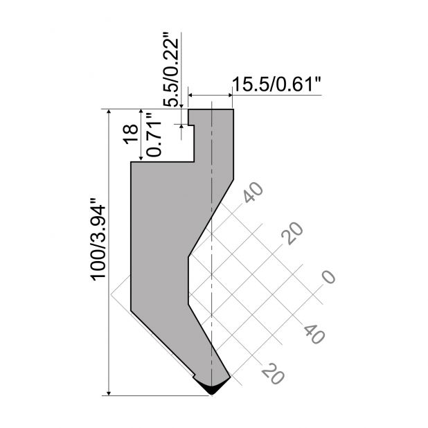 Bovengereedschap R10 Ajial-Axial type met hoogte=100mm, α=90°, Radius=1mm, Gereedschapsstaal=C45, Max. capac