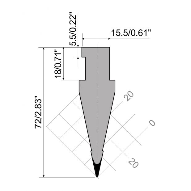Bovengereedschap R10 Ajial-Axial type met hoogte=72mm, α=24°, Radius=0,5mm, Gereedschapsstaal=C45, Max. capa