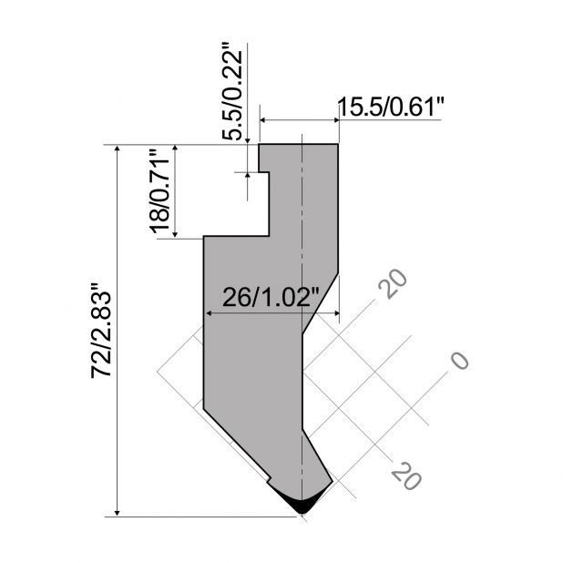 Bovengereedschap R10 Ajial-Axial type met hoogte=72mm, α=90°, Radius=1mm, Gereedschapsstaal=C45, Max. capaci