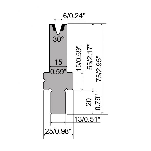 Matrijs R2 type met werkhoogte=55mm, α=30°, Radius=0,6mm, Gereedschapsstaal=42Cr, Max. capaciteit=350kN/m.