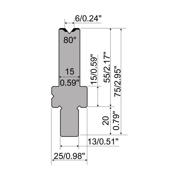 Matrijs R2 type met werkhoogte=55mm, α=80°, Radius=0,4mm, Gereedschapsstaal=42Cr, Max. capaciteit=1150kN/m.