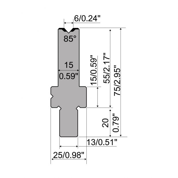 Matrijs R2 type met werkhoogte=55mm, α=85°, Radius=0,4mm, Gereedschapsstaal=42Cr, Max. capaciteit=1150kN/m.