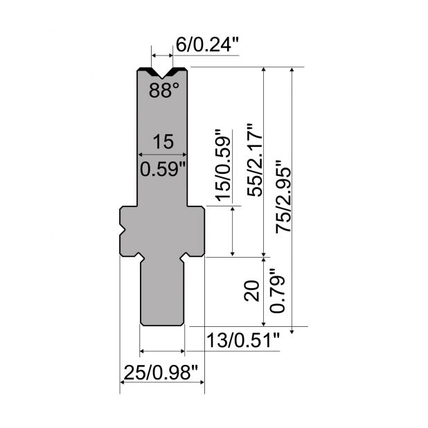 Matrijs R2 type met werkhoogte=55mm, α=88°, Radius=0,4mm, Gereedschapsstaal=42Cr, Max. capaciteit=1150kN/m.