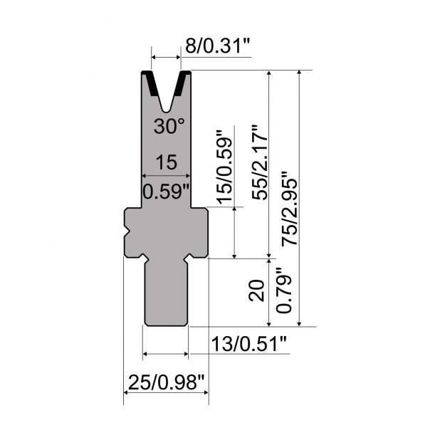 Matrijs R2 type met werkhoogte=55mm, α=30°, Radius=0,8mm, Gereedschapsstaal=42Cr, Max. capaciteit=200kN/m.