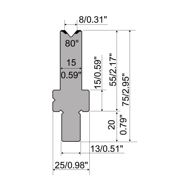 Matrijs R2 type met werkhoogte=55mm, α=80°, Radius=0,5mm, Gereedschapsstaal=42Cr, Max. capaciteit=1100kN/m.