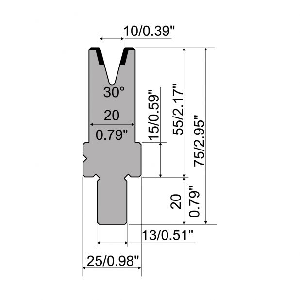 Matrijs R2 type met werkhoogte=55mm, α=30°, Radius=1mm, Gereedschapsstaal=42Cr, Max. capaciteit=350kN/m.