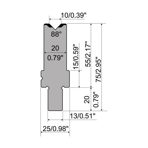 Matrijs R2 type met werkhoogte=55mm, α=88°, Radius=1mm, Gereedschapsstaal=42Cr, Max. capaciteit=1100kN/m.