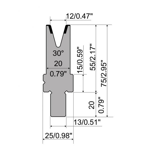 Matrijs R2 type met werkhoogte=55mm, α=30°, Radius=1,5mm, Gereedschapsstaal=42Cr, Max. capaciteit=300kN/m.