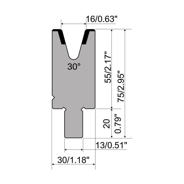 Matrijs R2 type met werkhoogte=55mm, α=30°, Radius=2mm, Gereedschapsstaal=42Cr, Max. capaciteit=450kN/m.