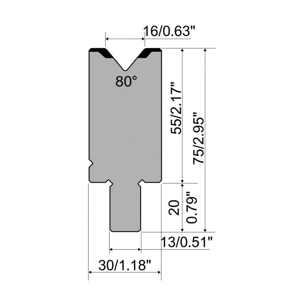 Matrijs R2 type met werkhoogte=55mm, α=80°, Radius=2mm, Gereedschapsstaal=42Cr, Max. capaciteit=1200kN/m.