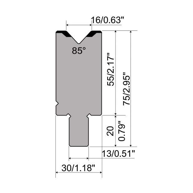 Matrijs R2 type met werkhoogte=55mm, α=85°, Radius=2mm, Gereedschapsstaal=42Cr, Max. capaciteit=1200kN/m.