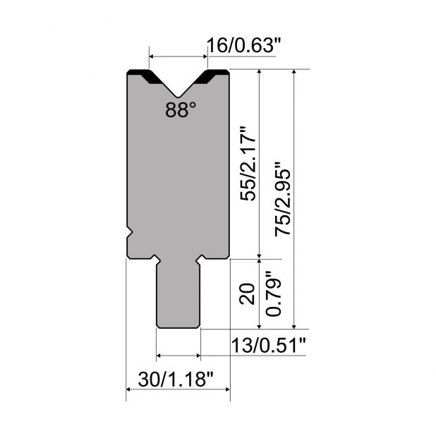 Matrijs R2 type met werkhoogte=55mm, α=88°, Radius=2mm, Gereedschapsstaal=42Cr, Max. capaciteit=1200kN/m.