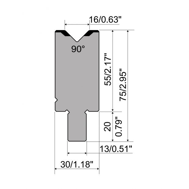 Matrijs R2 type met werkhoogte=55mm, α=90°, Radius=2mm, Gereedschapsstaal=42Cr, Max. capaciteit=1200kN/m.