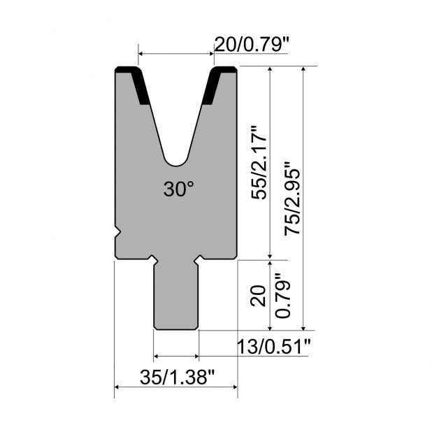 Matrijs R2 type met werkhoogte=55mm, α=30°, Radius=2,5mm, Gereedschapsstaal=42Cr, Max. capaciteit=500kN/m.