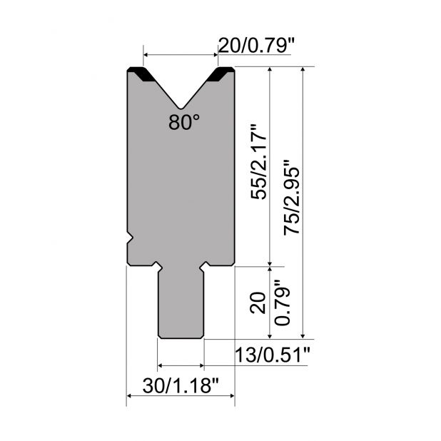 Matrijs R2 type met werkhoogte=55mm, α=80°, Radius=2mm, Gereedschapsstaal=42Cr, Max. capaciteit=1100kN/m.