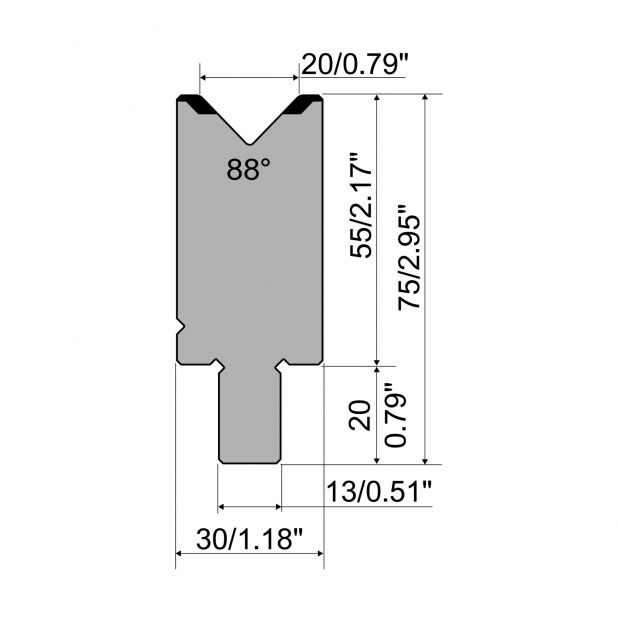 Matrijs R2 type met werkhoogte=55mm, α=88°, Radius=2mm, Gereedschapsstaal=42Cr, Max. capaciteit=1100kN/m.