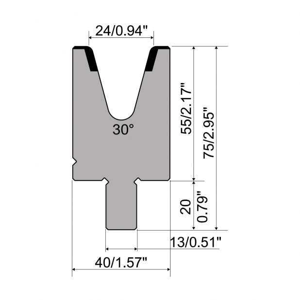 Matrijs R2 type met werkhoogte=55mm, α=30°, Radius=3mm, Gereedschapsstaal=42Cr, Max. capaciteit=550kN/m.