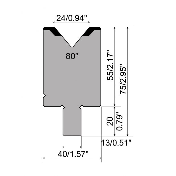 Matrijs R2 type met werkhoogte=55mm, α=80°, Radius=3mm, Gereedschapsstaal=42Cr, Max. capaciteit=1200kN/m.