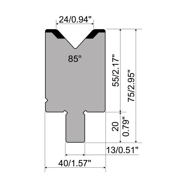 Matrijs R2 type met werkhoogte=55mm, α=85°, Radius=3mm, Gereedschapsstaal=42Cr, Max. capaciteit=1200kN/m.